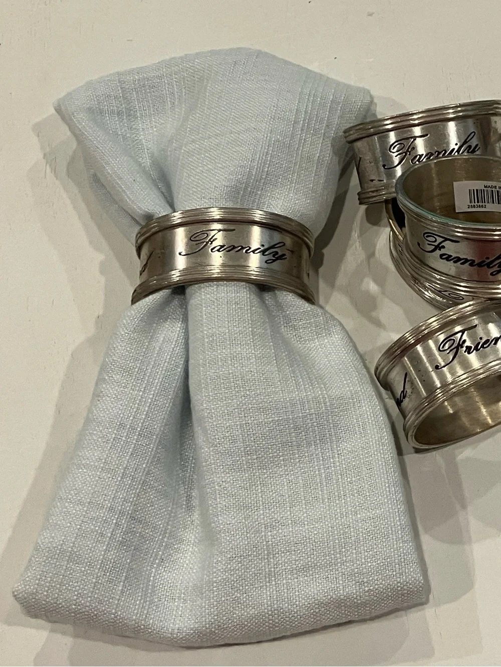 Antiqued Silver 'Family and Friends' Engraved Napkin Rings set of 6